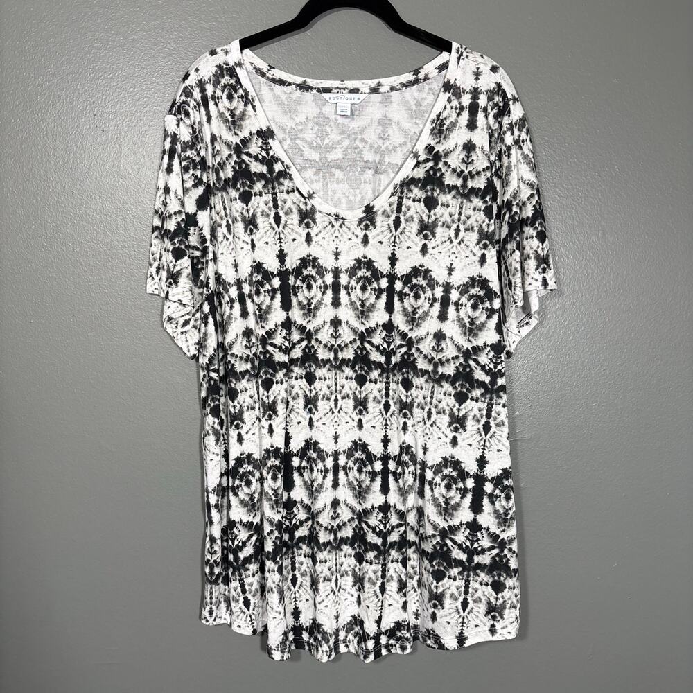 Boutique Black & White Boho Tie Dye Short Sleeve Tee - 2X - Women's Plus Size